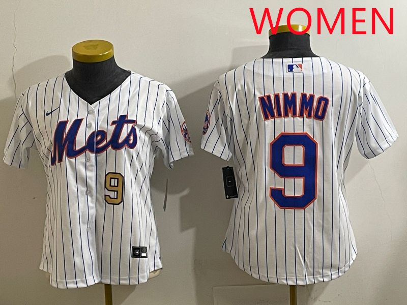 Women 2025 New York Mets #9 Nimmo White Stripe Game Nike MLB Jersey style 3->youth mlb jersey->Youth Jersey